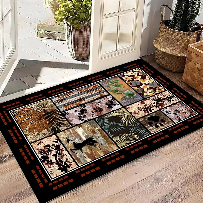 Rustic Cabin Area Rug 8x10ft, Animal & Moroccan Plaid Pattern Vintage Boho Carpet, Stain-Resistant Pet-Friendly & Non-Slip Low Pile for Living Room, Bedroom, Dining Room