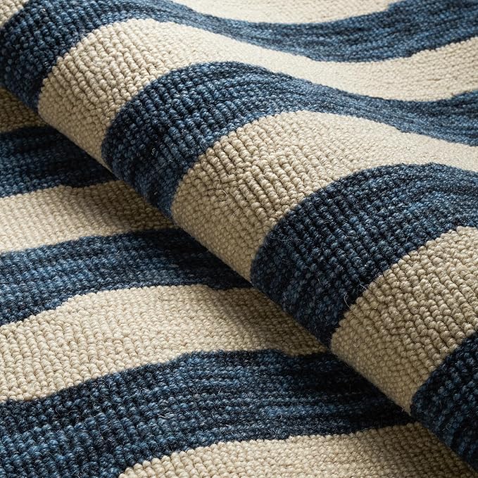 Dash & Albert Silas Stripe Navy Hand Micro Hooked Wool Rug, Runner-2.5 X 8 Feet, Blue Stripe Pattern - Premium Luxury Hotel Quality Soft Breathable Hypoallergenic Machine Washable Easy Care All