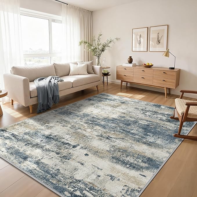 8x10 Area Rugs Washable Blue Rug for Living Room Bedroom, Abstract Modern Large Rug Non Slip, Water Repellent Low Pile Soft Carpet for Dining Room, Navy Blue