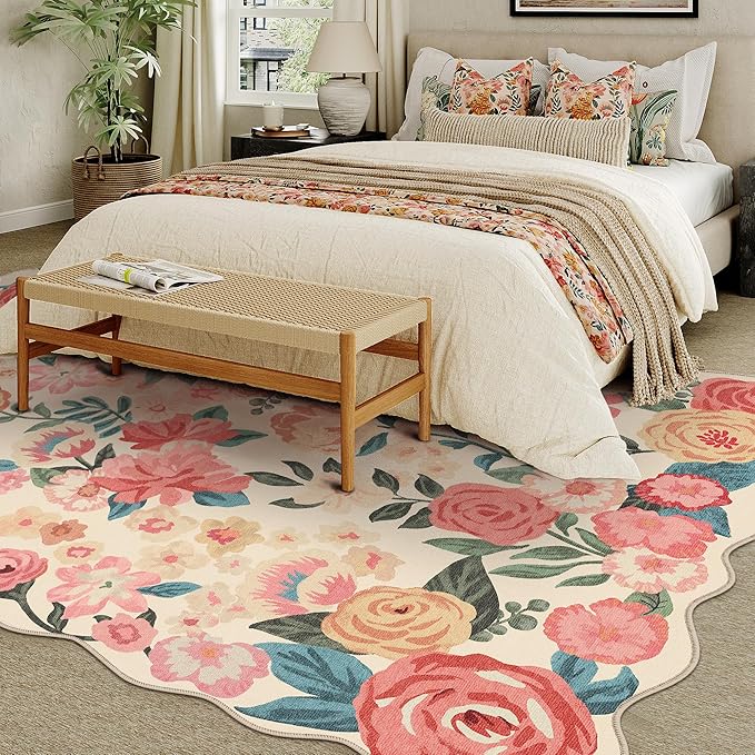 Washable Floral Area Rug 6x9 Beige Living Room Large Carpet Bedroom Scalloped Flower Non Slip Soft Throw Rug Farmhouse Low Pile Thin Indoor Floor Cover for Dining Room Office