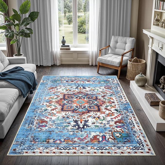 GLN Rugs Traditional Collection - Machine Washable Area Rug, Traditional Washable, Non Slip, Low Pile Chenille Rug, Living Room, Bedroom, Kitchen Rug (3' x 5' Blue/Multicolor)