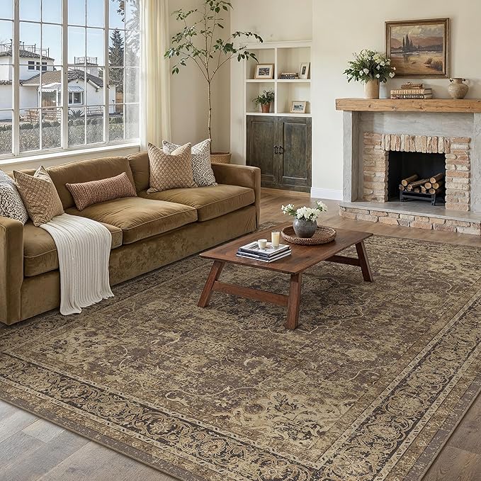 8x10 Brown Washable Vintage Area Rug for Living Room Bedroom Soft Tranditional Non Slip Large Throw Rug Lightweight Floral Low Pile Distressed Carpet Office Playroom Dining Room