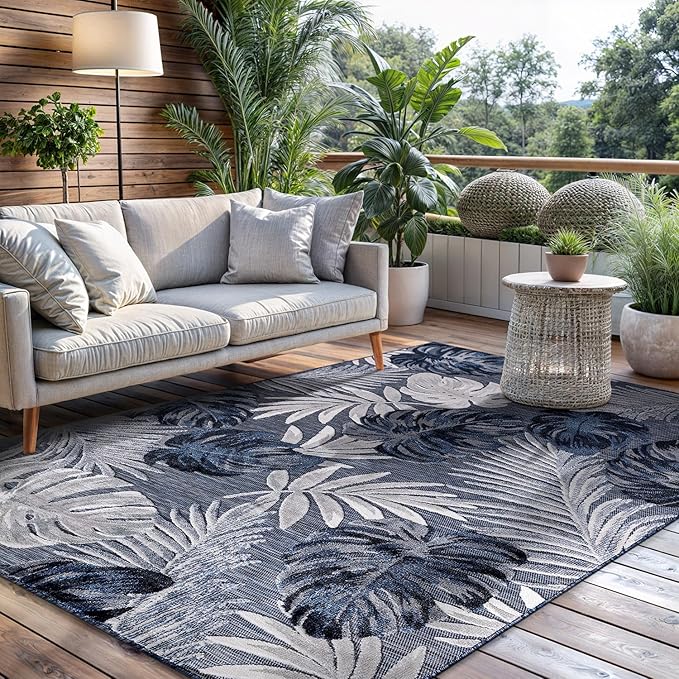 CAMILSON Indoor Outdoor Rug Navy Blue 5x7 Leaf Tropical Botanical Area Rugs for Indoor and Outdoor patios, Easy-Cleaning Non-Shedding Living Room Garden and Kitchen Washable Outside Carpet (5 x 7)