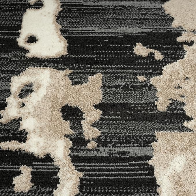 Abani Terra Cream Area Rug for Living Room, Bedroom - Black Abstract Pattern - 6' Round - Durable & Easy to Clean