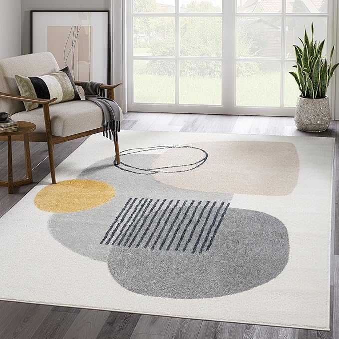 Abani Rugs Cream and Gray 8 ft. x 10 ft.(7'9"x10'2") Mid-Century Rug with Circles and Lines. Neutral Tones of Cream, Gray and a pop of Yellow. Minimalistic Design Turkish Stain Resistant Area Rug.