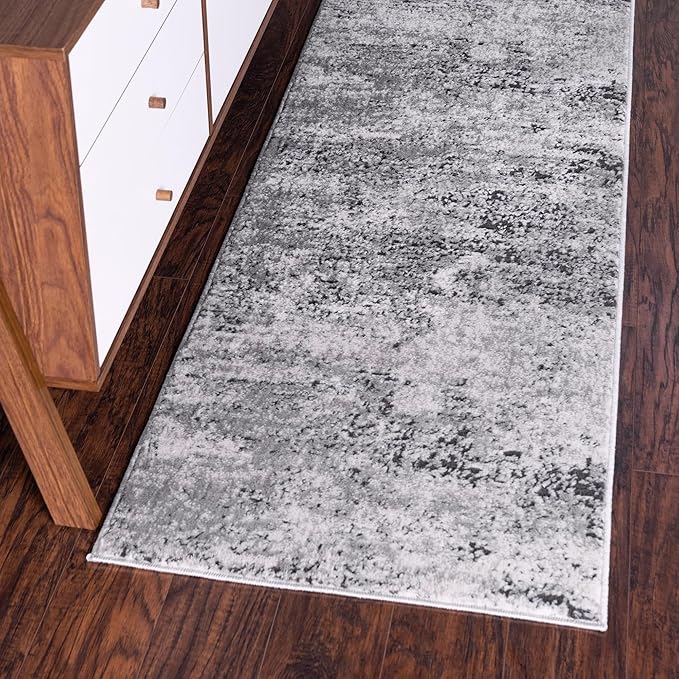 Rugs.com Leipzig Collection Rug – 12 Ft Runner Gray Low-Pile Rug Perfect for Hallways, Entryways