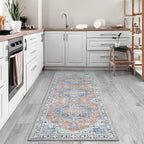 Bloom Rugs Washable Non-Slip 12 ft Runner - Coral/Blue Traditional Medallion Runner for Entryway, Hallway, Bathroom, and Kitchen - Exact Size: 2.5' x 12'