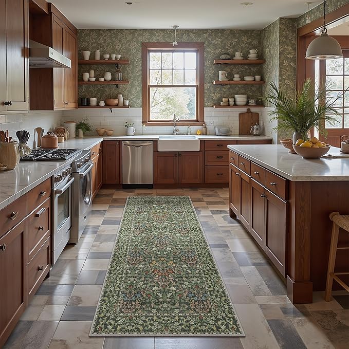 Bavni Boho Floral Kitchen Runner Rug 2x6, Washable Non Slip Thin Carpet for Hallway Bathroom Laundry Room, Ultra Soft Botanical Runner for Entryway, Modern Indoor Floor Decor, Emerald Green