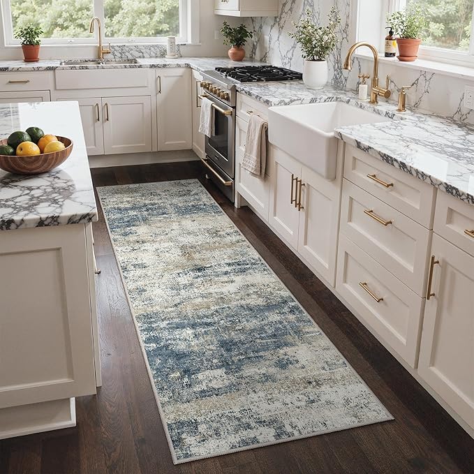 GENIMO Runner Rug Non Slip 2'6"x7', Washable Rug Runner for Hallways Kitchen, Abstract Modern Kitchen Rugs, Low Pile Lightweight Carpet Runners for Entryway, Bedroom, Laundry, Navy Blue