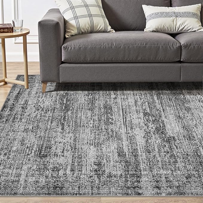 8x10 Area Rug Living Room Rugs - Washable Neutral Modern Abstract Soft Thin Rug Indoor Floor No Slip Rug Carpet for Bedroom Under Dining Table Home Office Decor - Dark Gray