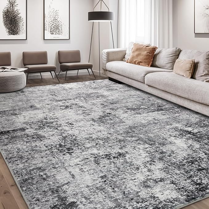 Area Rug Living Room Rugs - 10x14 Abstract Large Soft Indoor Washable Rug Neutral Modern Low Pile Carpet for Bedroom Dining Room Farmhouse Home Office - Grey