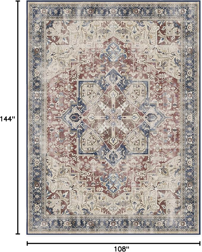 RUGGABLE Washable Vintage Area Rug – Kamran Royal Blue 9x12, Stain-Resistant, Non-Slip – Large Machine Washable Rugs for Living Room, Bedroom, Hallway, Entryway & Office–with Cushioned Pad