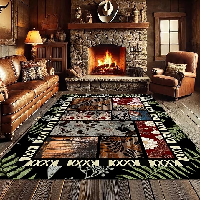 Vintage Jungle Floral Area Rug 8x10ft, Tropical Leaf Print Low Pile Carpet, Washable Non-Slip & Soft Mat for Bedroom, Living Room, Dining Room, Playroom