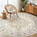 Round Rug Living Room Rugs: 8Ft Washable Boho Neutral Large Circle Soft Indoor Floral Stain Resistant Floor Farmhouse Carpet for Bedroom Nursery Kids Playroom Office Dining Room Dorm Home- Cream Blue