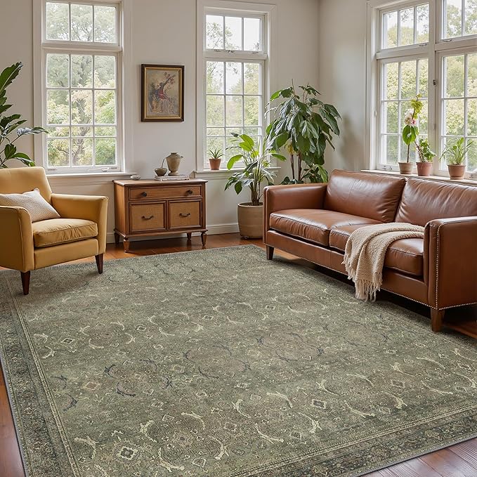 8x10 Area Rug Machine Washable Boho Rug for Living Room,Ultra-Thin Low Pile Carpet,Lightweight Indoor Printed Rug,Non Slip Floral Area Rug for Bedroom, Dining Room, Home Office,Muted Green