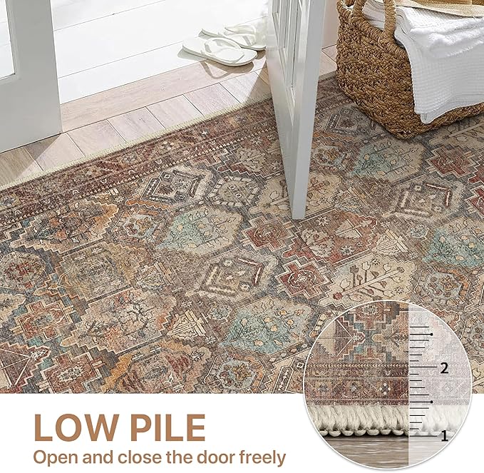 Bavni Washable Rug 5x7 Area Rug for Living Room Bedroom Dining, Washable Vintage Print Carpet, Ultra-Thin Low Pile Lightweight Rug with Non Slip Backing, Reddish Brown