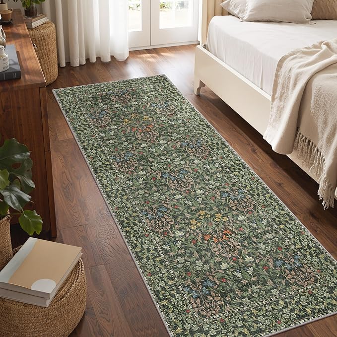 Bavni Floral Hallway Runner Rug 2'6" x 8', Washable Non Skid Boho Carpet for Entryway Kitchen Laundry Room, Soft Ultra Thin Botanical Long Runner for Indoor Floor Decor, Emerald Green
