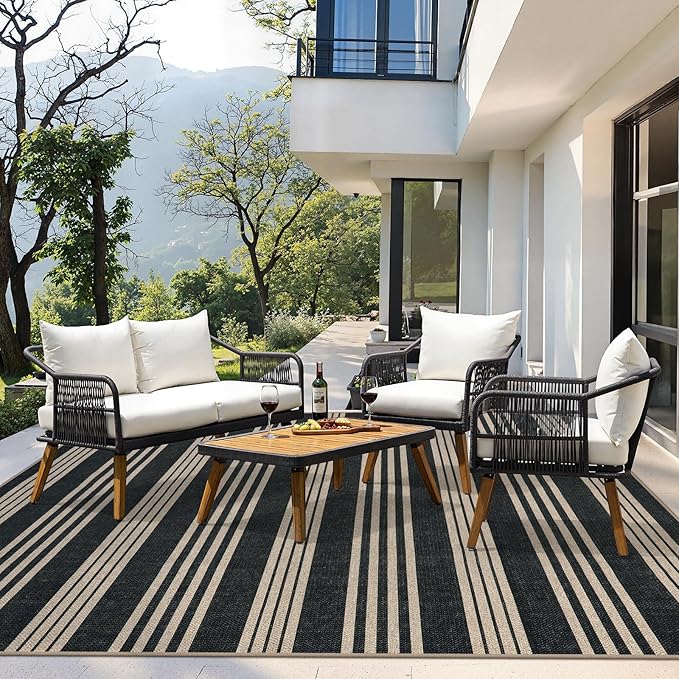 Lahome Striped 8x10 Easy Jute Rug, Washable Rugs for Living Room Dining Room Farmhouse Indoor Outdoor Carpet, Neutral Non Slip Non Shedding Black Carpet for Office Backyard Patio