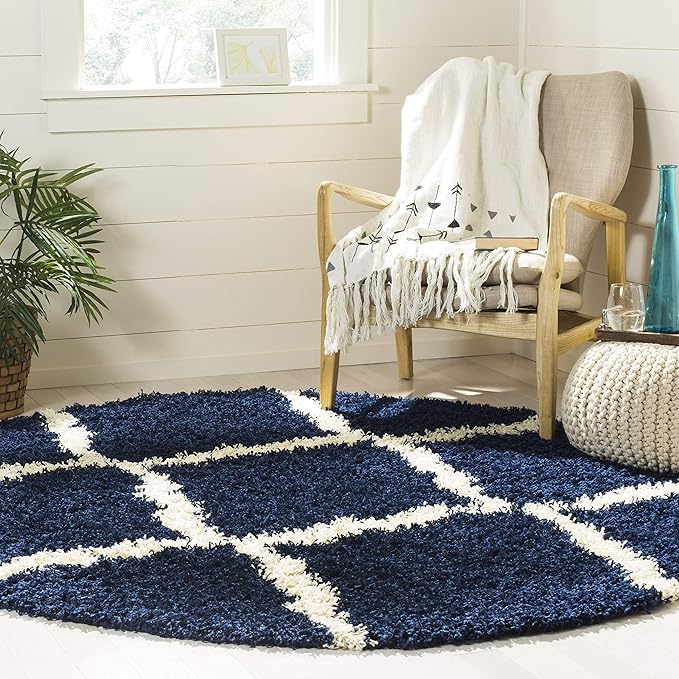 SAFAVIEH Dallas Shag Collection Area Rug - 8' Round, Navy & Ivory, Trellis Design, Non-Shedding & Easy Care, 1.5-inch Thick Ideal for High Traffic Areas in Living Room, Bedroom (SGD257N)