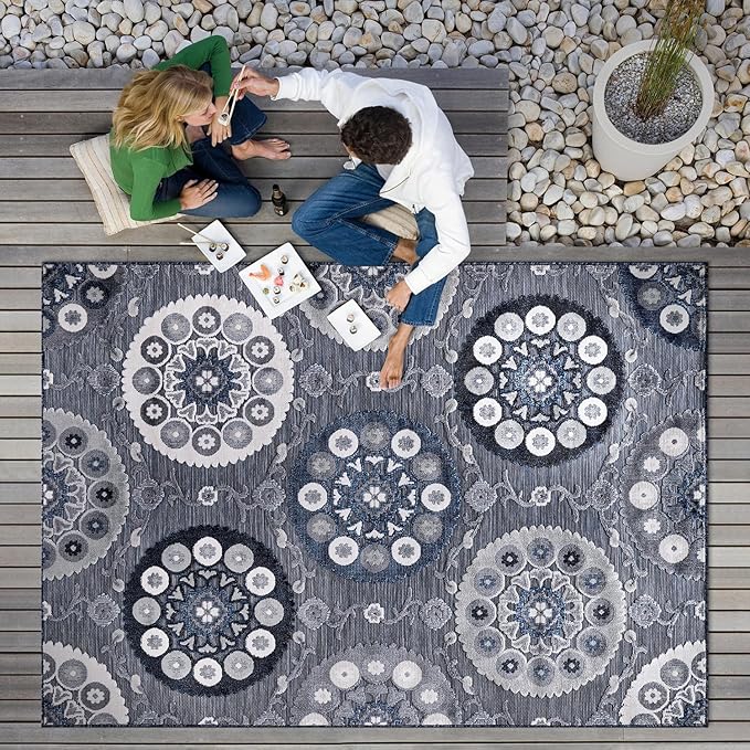 CAMILSON Indoor Outdoor Rug 9x12 Bohemian Medallion Floral Area Rugs for Indoor and Outdoor Patios Easy-Cleaning Non-Shedding Living Room Garden and Kitchen Washable Outside Carpet (9 x 12 / Navy)