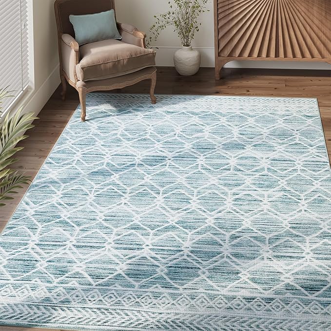 jinchan Moroccan 4x6 Area Rugs for Bedroom - Machine Washable Soft Modern Geometric Stain Resistant Non-Slip Ultra-Thin Low-Pile Faux Wool Carpet for Living Room Kitchen Dining Room (4x6ft, Teal Blue)