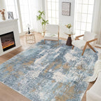 Area Rug Living Room Rugs - 5x7 Washable Soft Indoor Neutral Modern Abstract Low Pile Rug Carpet for Bedroom Dining Room Farmhouse Home Office - Blue Brown