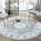 MUJOO Grey Round Rug 5ft,Circle Washable Area Rugs for Bedroom Living Room Bathroom,Boho Vintage Bohemian Distressed Farmhouse Large Non Slip Circular Carpet,Floral