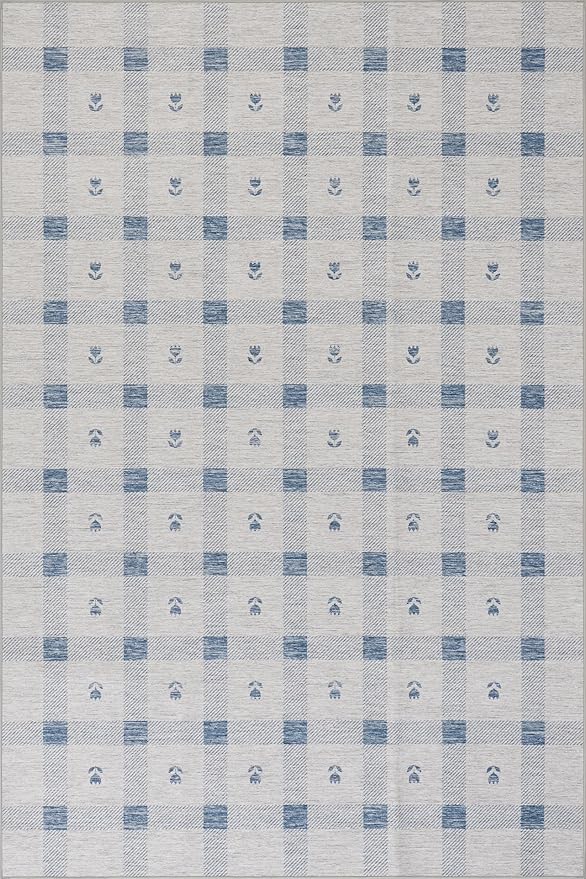 Dash & Albert Valen Plaid Blue Machine Washable Rug, 6 X 9 Feet, Blue/White Plaid Pattern