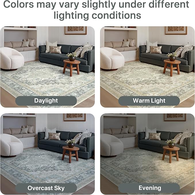 GENIMO 8X10 Area Rugs for Living Room, Machine Washable Vintage Floor Cover Foldable Modern Non Slip Rug, Low Pile Soft Indoor Carpet Floral Print Mat Rug,Bedroom/Dining Room/Home Office,Light Blue