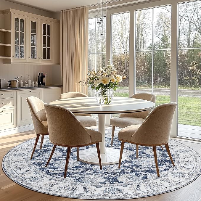 jinchan Fiora Round Rug 8ft Area Rugs Vintage Floral Distressed Design Machine Washable Non-Slip Low-Pile Ultra-Thin Circle Rug for Living Room Dining Room Bedroom Farmhouse (8' Round, Dark Blue)