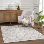 Hauteloom Bogtong Farmhouse Living Room Bedroom Moroccan Trellis Area Rug - Soft Shaggy High Low Carpet - High Pile - Bohemian, Boho - Gray, Beige, Cream - 7'10" x 10'