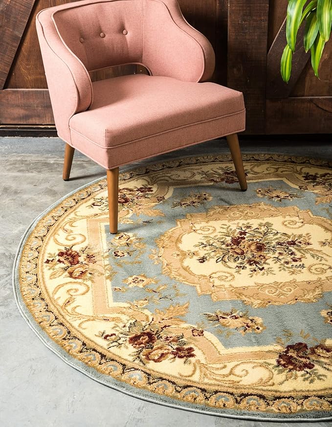 Unique Loom Versailles Collection Traditional Classic Floral Motif Area Rug (6' 0 x 6' 0 Round, Slate Blue/ Ivory)