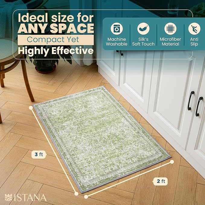 Istana 2x3 Area Rug - Light Green Boho Rugs for Living Room 2x3 - Foldable Small Rugs for Bedroom - Stain Resistant Washable Rug Non Slip - Eco-Friendly Area Rugs Indoor