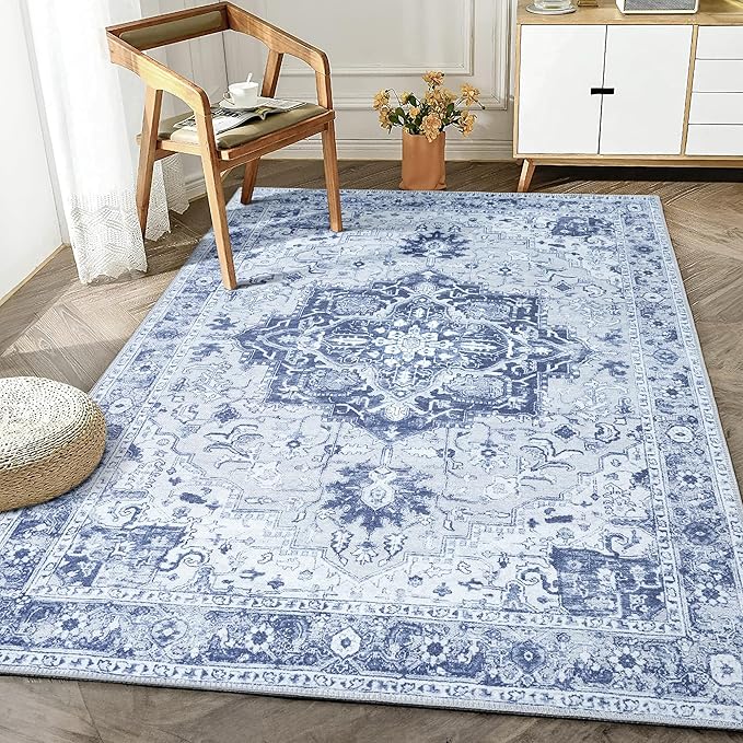 Bloom Rugs Washable Non-Slip 5' x 7' Rug - Gray/Blue Traditional Medallion Area Rug for Living Room, Bedroom, Dining Room, and Kitchen - Exact Size: 5' x 7'