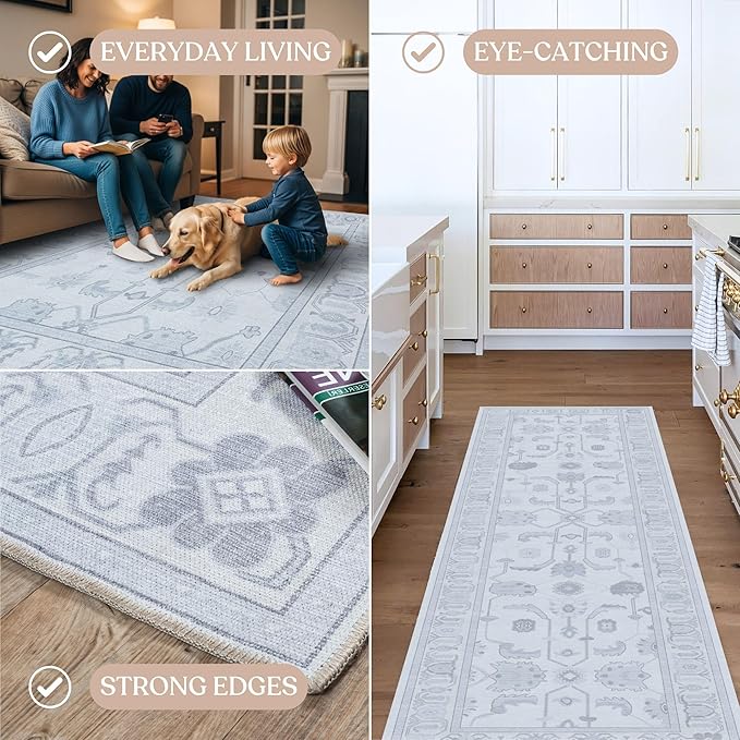 Fame Living Beige Oushak Rug, Modern Small Rugs, Vintage, Turkish, Eclectic, Floral, Pastel, Washable, Door Mat, Doormat for Indoor Entrance, Entryway, Kitchen, Bathroom, Bedroom, Laundry, 2'x3'