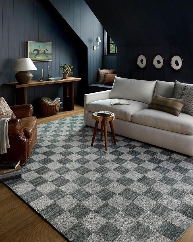Loloi Chris Loves Julia Calvin Collection CLV-01 Blue/Ivory 3'-6" x 5'-6" Accent Rug Checkered Neutral Soft Living Room Bedroom Carpet