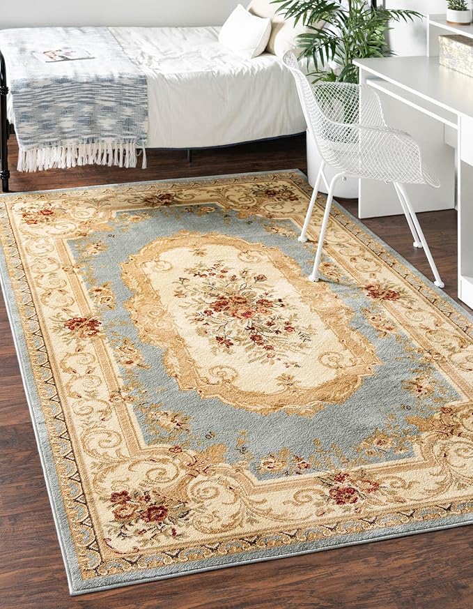 Rugs.com Chateau Collection Rug – 8' x 10' Light Blue Medium Rug Perfect for Living Rooms, Large Dining Rooms, Open Floorplans