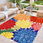 Colorful 4x6 Outdoor Area Rug Washable Rugs Multicolored Patio Rug Tropical Botanical Floral Chenille Outdoor Carpet Non Slip for RV, Pool Deck, Backyard, Porch, Rainbow