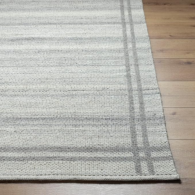 Mark&Day Wool Rugs, 8x10 Janmichael Solid and Border Gray Area Rug, Grey Ivory Carpet for Living Room, Bedroom or Kitchen (8' x 10')