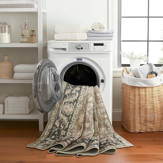 ReaLife Rugs Machine Washable Area Rug Runner - Living Room Bedroom Bathroom Kitchen Entryway - Padded Low Pile Stain Resistant Premium - Boho Farmhouse Vintage - BEV - Beige Tan Brown 2'6" x 8'