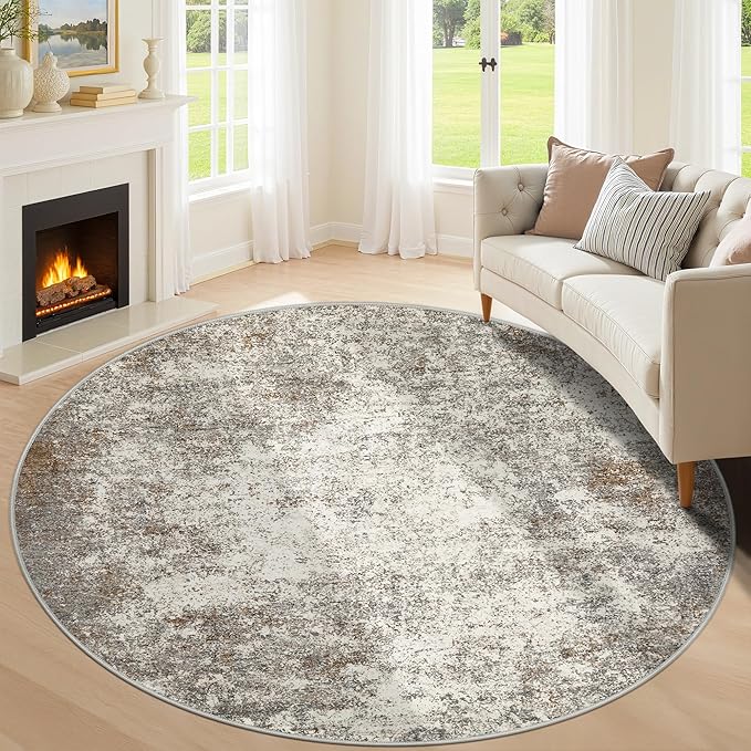 6ft Washable Round Rug - 6x6 Area Rugs Modern Abstract Rugs for Living Room Non-Slip Low Pile Soft Machine Washable Carpet for Bedroom, Living Room, Dining Room, Nursery, Farmhouse (6'x6' Brown Grey)