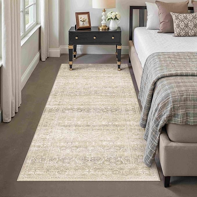 HUGEAR 2x6 Washable Area Rug Beige Runner Rug Vintage Neutral Non Slip Soft Distressed Carpet Low Pile Pet Friendly for Bathroom Kitchen Hallway Porch Foyer