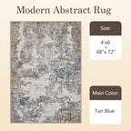 4x6 Washable Area Rugs - Modern Abstract Rugs for Living Room Non-Slip Low Pile Soft Machine Washable Carpet for Bedroom, Dining Room, Nursery, Home Office, Farmhouse (4'x6' Tan Blue)