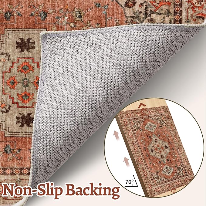 Tangsoo 8x10 Area Rug for Living Room, Washable Vintage Rug Indoor Boho Non Slip Large Area Rugs, Print Distressed Terracotta Carpet, Soft Low Pile Foldable Floor Rug for Bedroom Dining Room