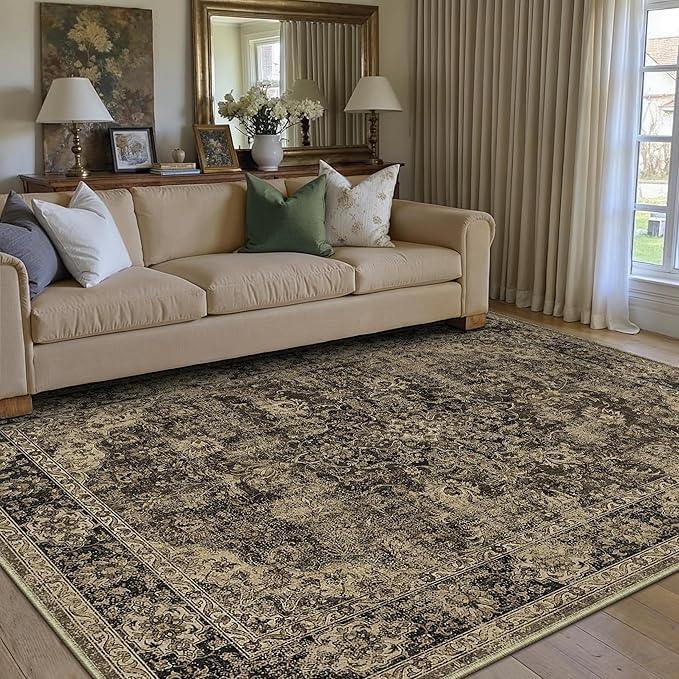 HUGEAR Retro Brown Area Rug 5x7 Machine Washable Living Room Rugs Distressed Vintage Floral Low Pile Carpet Bedroom Office Dining Room Laundry Room Non Slip Soft Lightweight