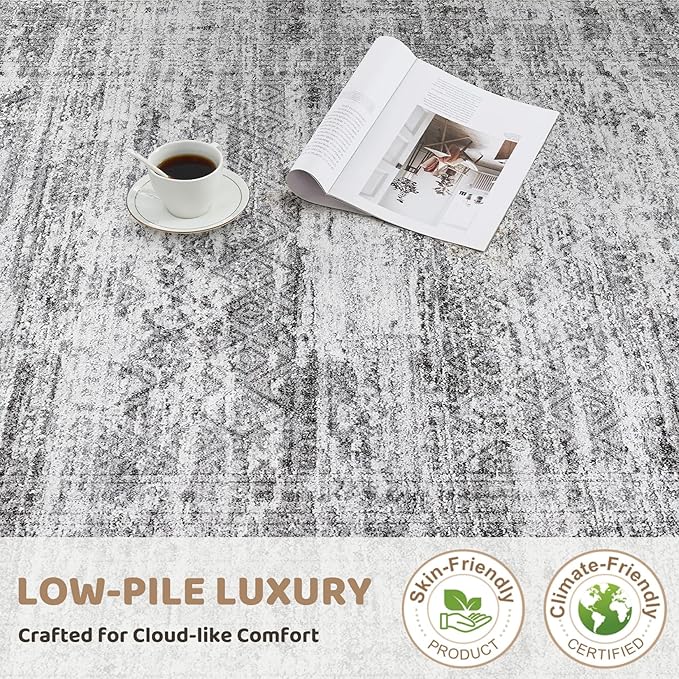 9x12 Area Rug Living Room Rugs - Washable Neutral Modern Abstract Soft Thin Rug Indoor Floor No Slip Rug Carpet for Bedroom Under Dining Table Home Office Decor - Light Gray