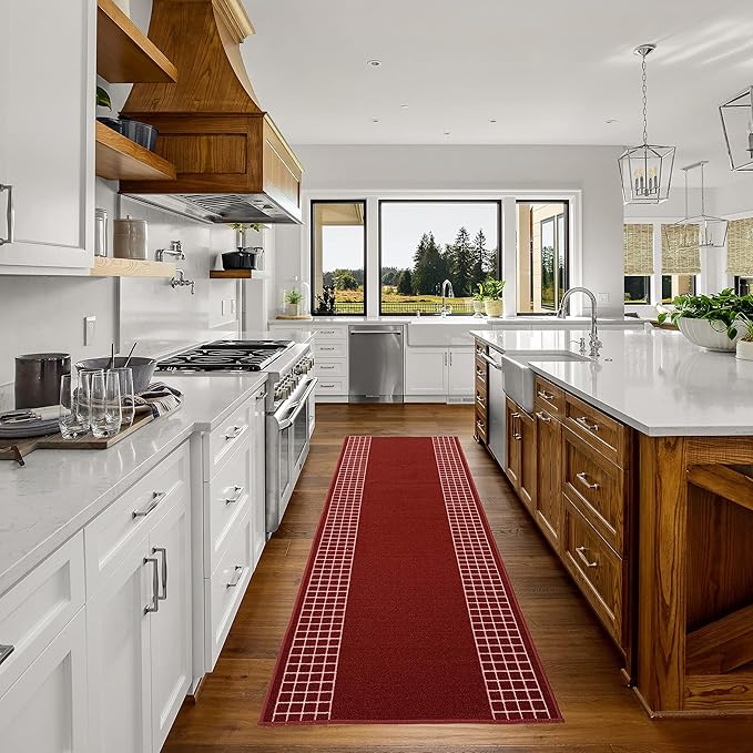 Custom Made Runner Rug for Kitchen Foyer Hallway Entry Choose Your Length 26 Inch Wide Geometric Checkered Design Red Color (25 feet x 26 inch)