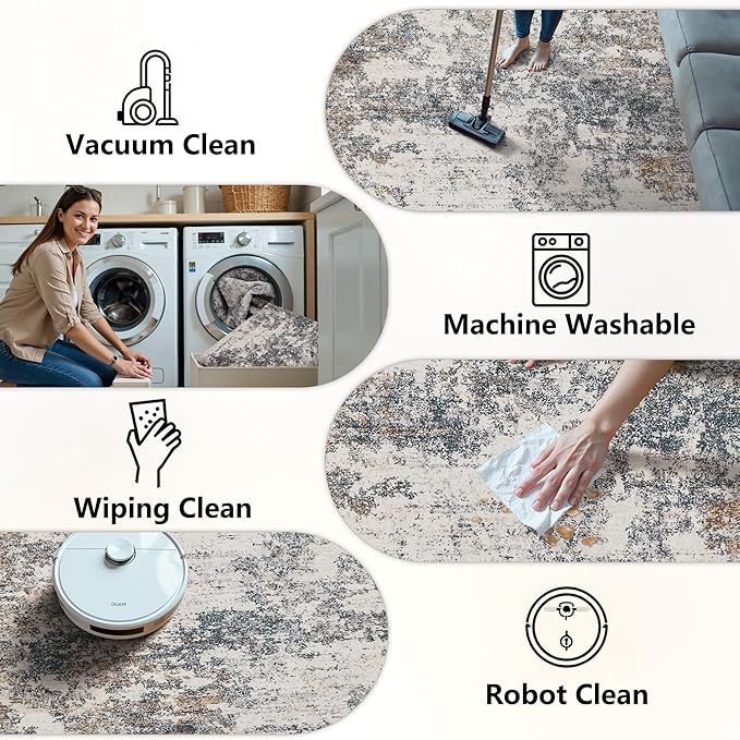 8x10 Area Rugs Machine Washable - Modern Abstract Large Rugs for Living Room Soft Anti-Skid Thin Carpet for Bedroom, Under Dining Table, Nursery, Farmhouse,Home Office (8'x10' Tan Blue)
