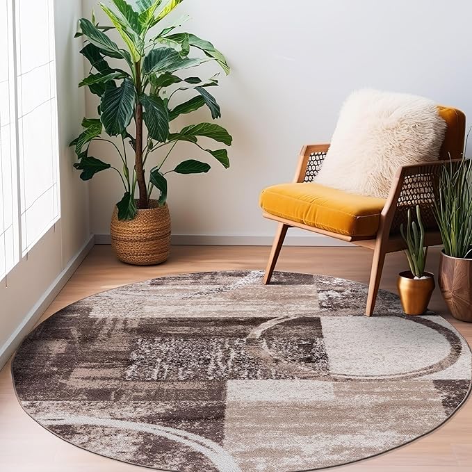 Rugshop Contemporary Abstract Circle Design Round Rug, Fade-Resistant Carpet for Living Room, Office, or Entryway, Brown, 6'6" Round