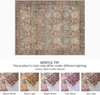 Bavni Washable Rug 8x10 Area Rug for Living Room Bedroom Dining, Washable Vintage Print Carpet, Ultra-Thin Low Pile Lightweight Rug with Non Slip Backing, Reddish Brown